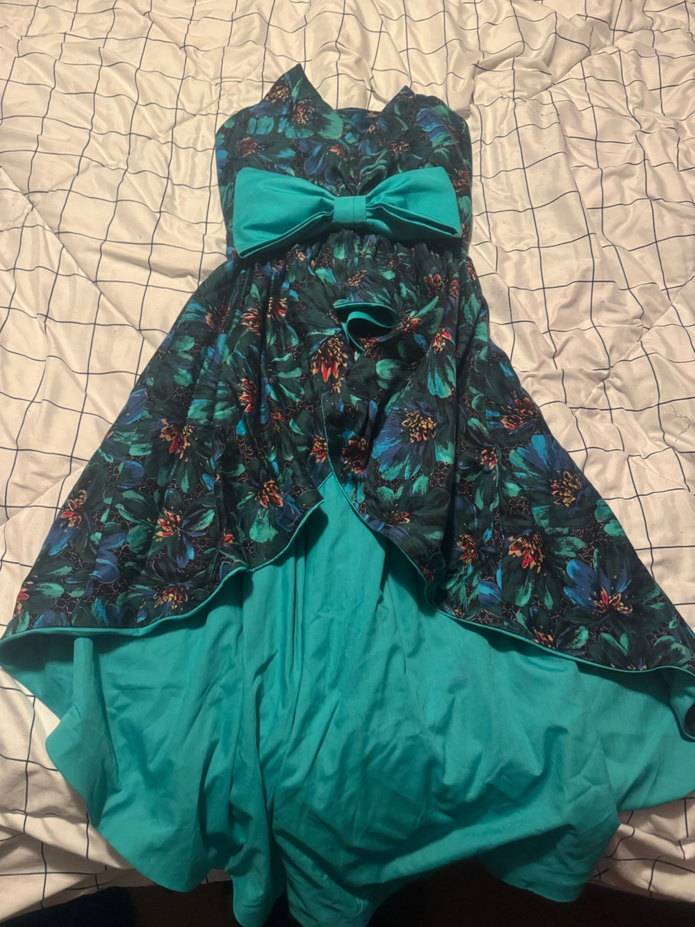 Asymmetrical Floral Bow-Accent Dress in Teal